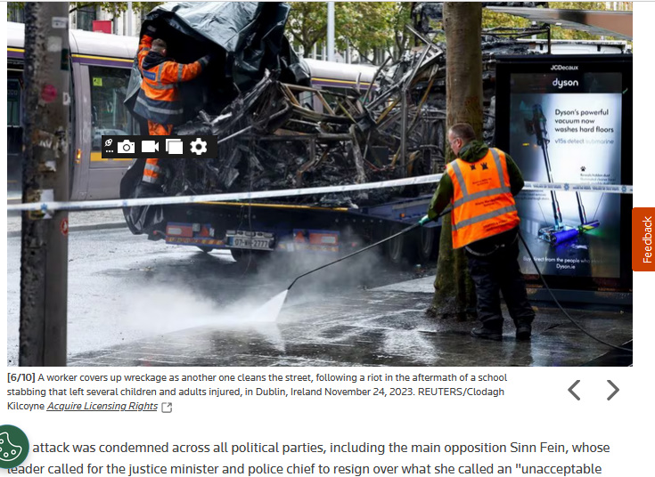 Workers Remove Burned Vehicles Following Riot In Dublin Ireland Nov24, 2023 Workers Remove Burned Vehicles Following Riot In Dublin Ireland Nov24, 2023